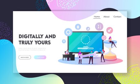 Update Software Application and Hardware Upgrade Technology Landing Page Template. Tiny Characters with Gadgets, Wrench and Hourglass at Huge Computer Screen. Cartoon People Vector Illustrationのイラスト素材