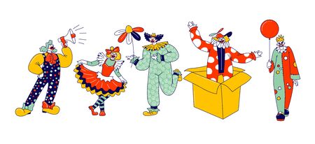 Big Top Circus Clown Characters. Male and Female Funny Carnival Funsters or Jesters in Bright Costumes, Periwig, Makeup and Fake Nose Performing Show on Circus Stage. Linear People Vector Illustrationのイラスト素材