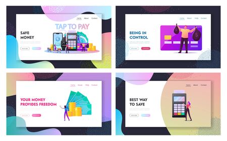 Contactless Payment Landing Page Template Set. Buyers Characters Hold Credit Cards for Paying with Smartphone or Smart Watch. People with Pos Terminal for Cashless Paying. Cartoon Vector Illustrationのイラスト素材