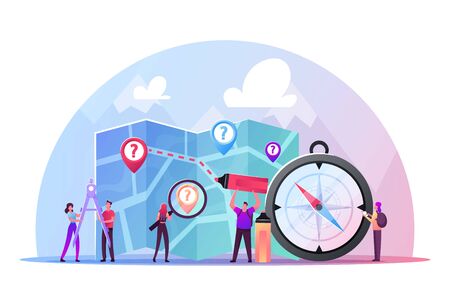 Cartography Concept. Tiny Male and Female Characters with Huge Compass, Divider and Pen Planning Route on Map Put Marks for Destination Points. Tourism Hobby, Sport. Cartoon People Vector Illustrationのイラスト素材