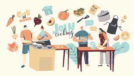 Young Loving Couple Characters Cooking Together on Kitchen. Family Prepare Dinner with Fresh Products on Table. Every Day Routine, Relations, Romantic Evening Meal. Linear People Vector Illustrationのイラスト素材