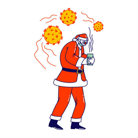 Sick Santa Claus Character Wearing Red Costume, Hat and Medical Mask Suffering of Coronavirus Disease, Drinking Hot Tea. Christmas Personage Sickness, Covid 19 Epidemic. Linear Vector Illustrationのイラスト素材
