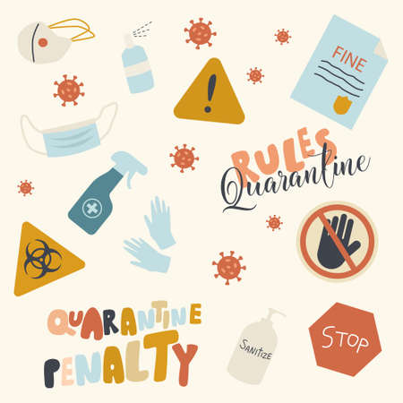 Set of Quarantine Icons, Fine or Penalty Paper Sheet, Medical Mask, Warning and Stop Signs with Human Palm and Exclamation Symbol. Sanitizer Sprayer Bottle, Gloves and Soap. Linear Vector Illustrationのイラスト素材