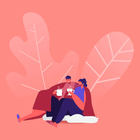 Security, Home Comfort Loving Couple Sitting on Floor under Blanket Drinking Tea and Chattingのイラスト素材
