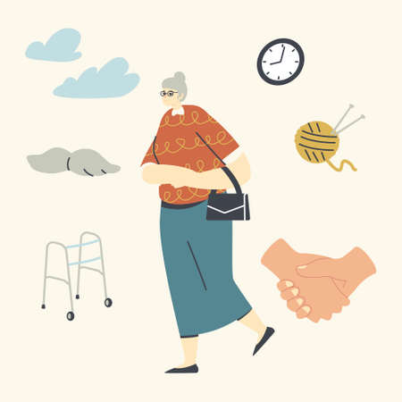 Seniors Help and Support Concept. Old Grey Haired Woman in Glasses Walk Outdoors. Aged Female Characterのイラスト素材