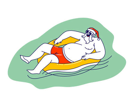 Relaxed Santa Claus Character in Hat Floating Inflatable Ring in Swimming Pool or Ocean. Christmas Vacationのイラスト素材