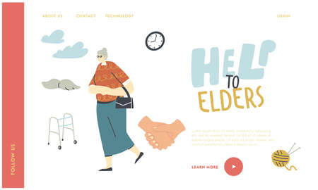 Seniors Help and Support Landing Page Template. Old Woman in Glasses Walk Outdoorsのイラスト素材