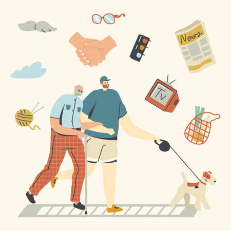 Volunteer Help Senior Man in Medical Mask Walking with Dog. Kind Selfless Male Character Doing Good Deal Helpingのイラスト素材