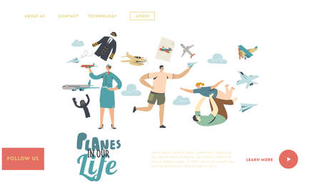Planes Landing Page Template. Adult Man Playing with Child, Male Character Run with Paper Airplane in Handのイラスト素材