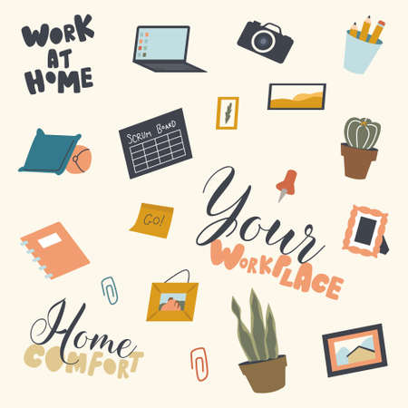 Set of Various Things for Workplace and Home Comfort Laptop, Photo Camera and Picture, Pencils and Cactus, Potted Plantのイラスト素材