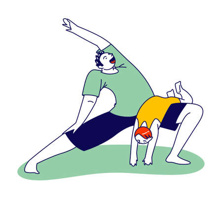 Man Doing Morning Exercises or Yoga Asana Together with Little Baby at Home. Male Character Conducting Healthy Lifestyleのイラスト素材
