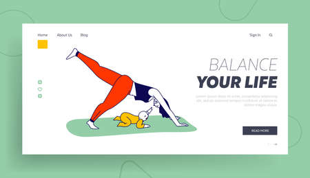 Yoga Class Practice with Child Landing Page Template. Woman Character Stand in Yoga Posture Exercising with Baby at Homeのイラスト素材