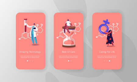 Estrogen Hormones Health, Diagnostics and Treatment. Mobile App Page Onboard Screen Template. Tiny Patients and Doctorのイラスト素材