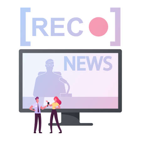 Tv Reportage. Reporter Character with Microphone Interviewing Woman front of Huge Television Set with News Broadcastingのイラスト素材