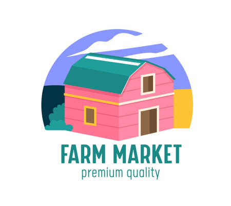 Farm or Farmer Market Banner with Wooden Barn on Ranch. Ecological Natural Organic Production Advertising Promo Posterのイラスト素材