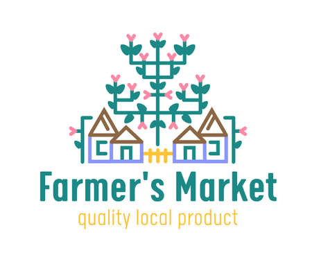 Farm or Farmer Market Banner with Country Cottages and Blooming Plant. Ecological Natural Organic Production Ad Posterのイラスト素材