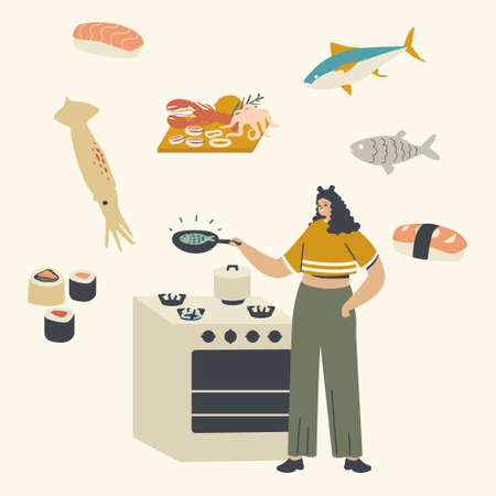 Woman Character Cooking Seafood Frying Fish Holding Pan in Hands Presenting Sea Products in Process of Preparing Foodのイラスト素材