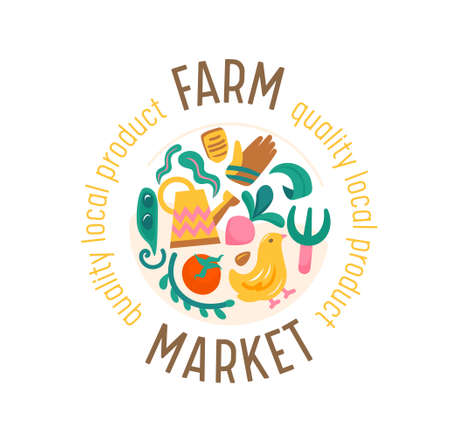 Farm Market Banner with Veggies and Chick. Ecological Natural Organic Production Advertising Promotional Farmer Posterのイラスト素材