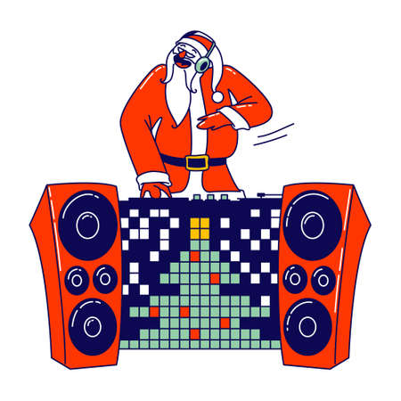Santa Claus DJ in Red Traditional Costume and Headset Making Music at Console at Night Club. Cool Christmas Disco Partyのイラスト素材