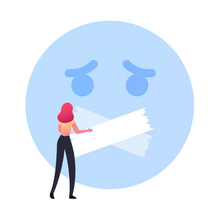 Censorship Social Abuse. Female Character Fighting for Global Speech and Information Freedom. Face with Closed Mouthのイラスト素材