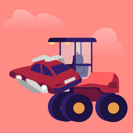 Heavy Machine Loading Old Car Dump on Junkyard. Male Character Work on Scrapyard or Junk Yard Utilize Crashed Vehiclesのイラスト素材