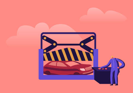 Scrap Metal Utilization and Recycling Industry or Business. Mechanic Character Working on Scrapyard Pressing Old Carsのイラスト素材