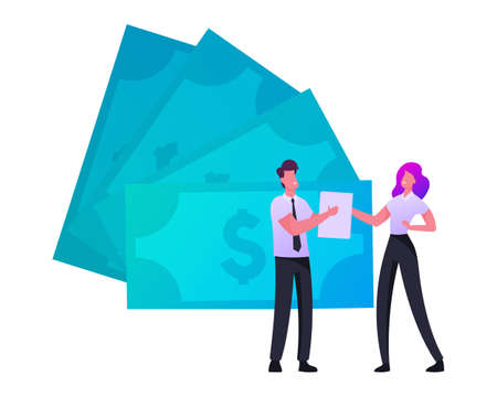 IPO Initial Public Offering, Finance. Businessman Giving Document to Businesswoman. Tiny Characters at Dollar Billsのイラスト素材