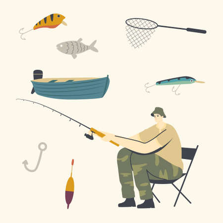 Fisherman Character Sitting on Chair with Rod on Coast Having Good Catch. Man Fishing on Lake or River at Summer Dayのイラスト素材