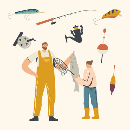 Father and Daughter Characters Fishing. Fisherman Holding Fish, Outdoor Relaxing Summertime Hobby. Fishman Good Catchのイラスト素材