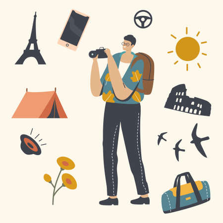 Tourist Making Picture on Photo Camera. Male Character Traveling or Camping Spare Time. Car Travel, Journey Abroadのイラスト素材