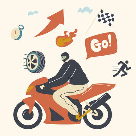 Speed Racing, Motocross Rally Concept. Biker Male Character Wearing Helmet Riding Motorbike Take Part in Tournamentのイラスト素材