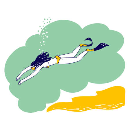 Girl Exploring Sea Bottom. Woman Freediver Relax on Exotic Resort Snorkeling with Mask and Fins. Underwater Recreationのイラスト素材