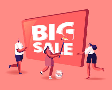 Discount Offer Concept. Happy People Painting Huge Banner with Big Sale Typography. Male and Female Characters Shoppingのイラスト素材