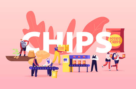 Chips Manufacture Concept. People Produce Snack. Farmer Digging Raw Potato on Ranch, Worker Characters Producing Chipsのイラスト素材