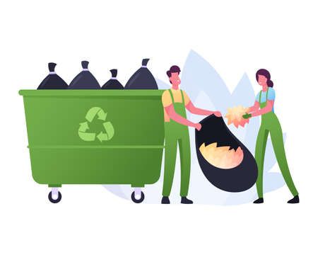 Volunteer Characters Cleaning Garbage or Fallen Leaves at House yard or City Park Area. Volunteering, Collecting Trashのイラスト素材