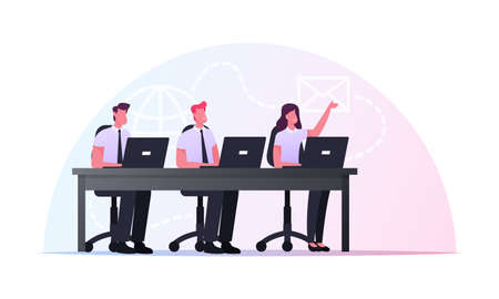 Characters Sitting at Office Desk with Laptops Take Part in Online Meeting or Briefing. Remote Communication, Internetのイラスト素材