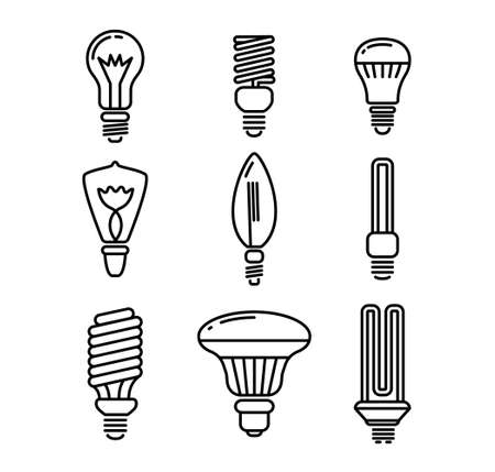 Set of Light Bulbs of Various Shapes Icons Isolated on White Background. Monochrome Idea Signs, Lighting Electric Lampsのイラスト素材
