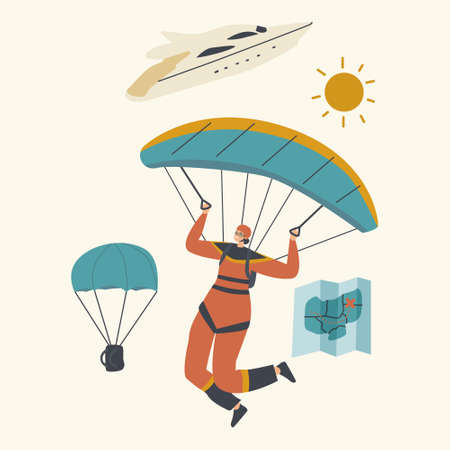 Skydiver Character Jumping with Parachute Soaring in Sky. Skydiving Parachuting Sport. Parachutist Flying Through Cloudsのイラスト素材