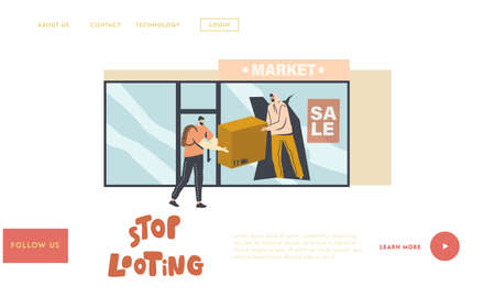 Aggressive Masked Male Characters Looting Landing Page Template. Masked Looters Stealing Goods through Broken Showcaseのイラスト素材