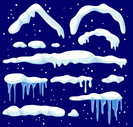 Snow Caps Icons Set, Snowballs and Snowdrifts. Winter Snowy Decoration, Design Elements. Roof Framing and Icicles.のイラスト素材