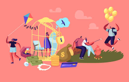 Female Character Sitting in Luxury Golden Cage Dreaming of Simple Human Things. Woman Dream to Escape from Gold Cellのイラスト素材