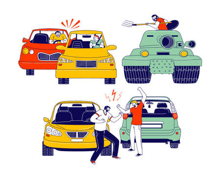Car Accident or Conflict on Road, Drivers Men Arguing Standing on Roadside at their Automobiles. Insurance Situationのイラスト素材
