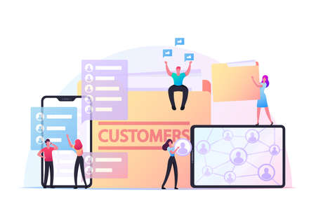 Business Characters Expand Customers Base Attracting New Clients. Tiny Businessmen and Businesswomen at Huge Gadgetsのイラスト素材