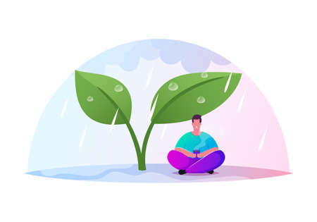 Drenched Tiny Male Character Holding Cup of Hot Beverage Sitting under Huge Plant Leaves at Rain. Warm Summer Weatherのイラスト素材