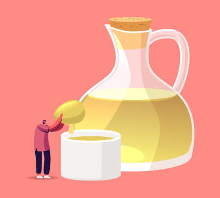 Tiny Male Character Farmer Worker Holding Huge Green Olive Pressing Extra Virgin Oil to Cup Stand at Glass Jug.のイラスト素材