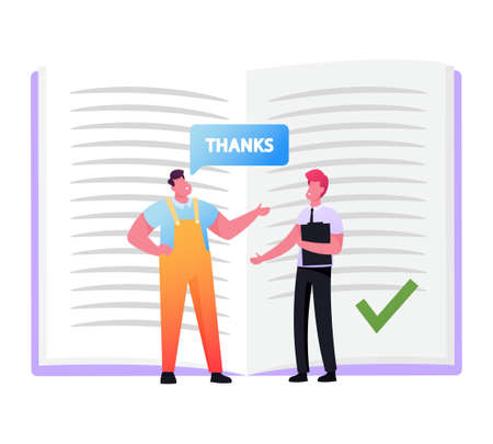 Worker in Overalls Saying Thanks to Businessman in Formal Suit Holding Clip Board. Tiny Characters Follow Etiquetteのイラスト素材