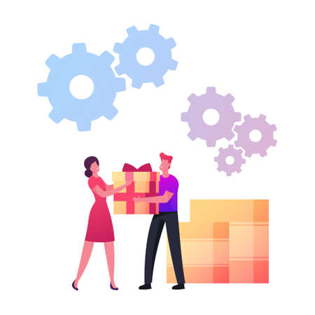 Upsell Concept. Seller Character Give Present to Woman Buyer. Upselling Marketing, Technique for More Profitable Saleのイラスト素材