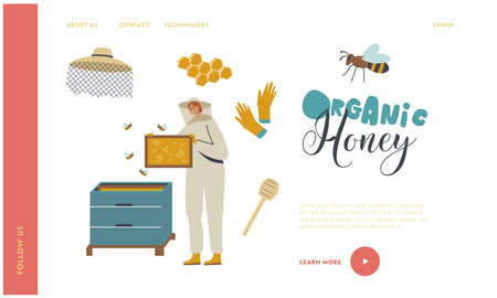 Apiculture, Honey Production, Beekeeping Landing Page Template. Beekeeper Female Character in Protective Suit on Apiaryのイラスト素材