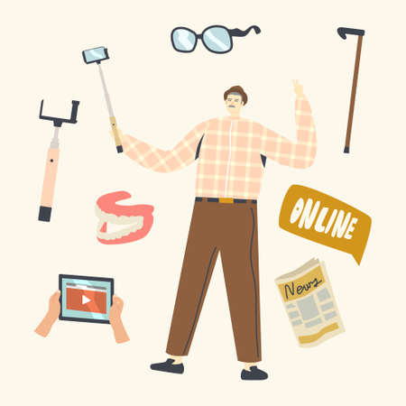 Senior People Use Gadgets and Smart Devices Concept. Aged Man Make Selfie. Advanced Elderly Male Character Photographingのイラスト素材
