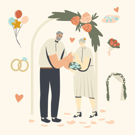 Senior Characters Wedding Ceremony. Happy Bridal Couple Man and Woman Get Married Changing Rings. Aged Bride and Groomのイラスト素材